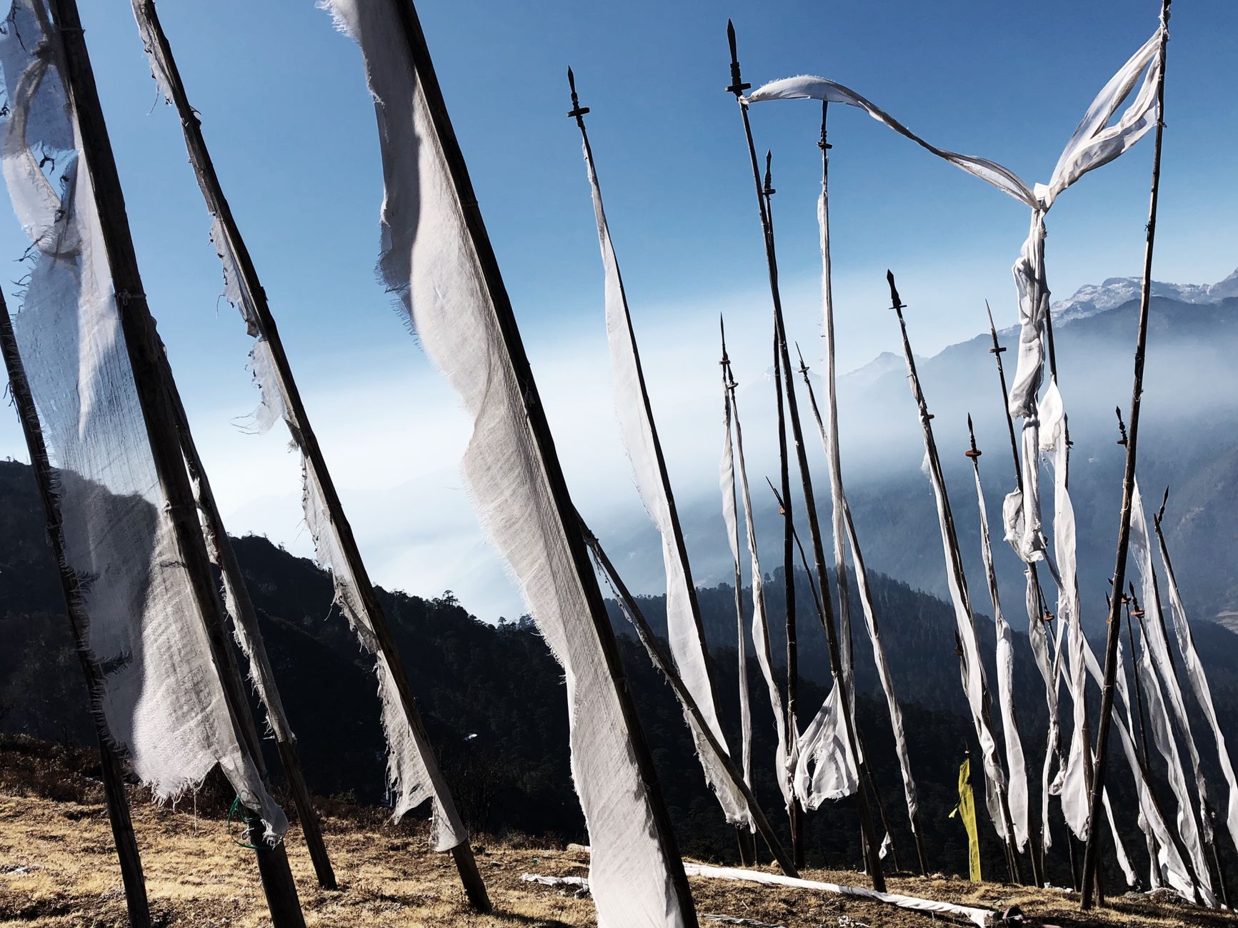 Himalayan mountain temple with prayer flags